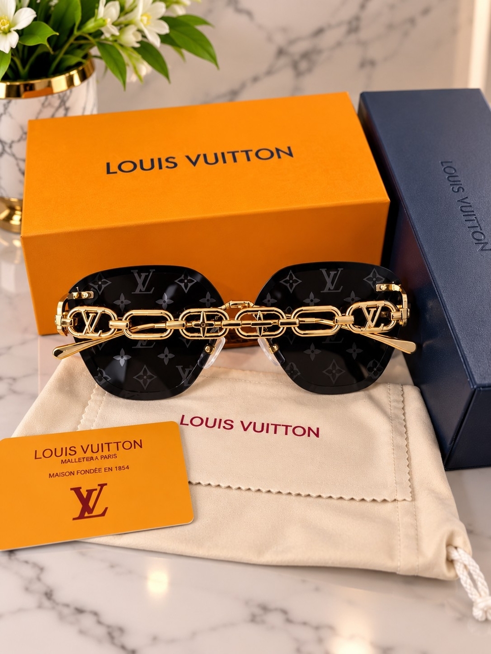 Louis Vuitton Black Lenses with Gold Chain-Link Frame Sunglasses